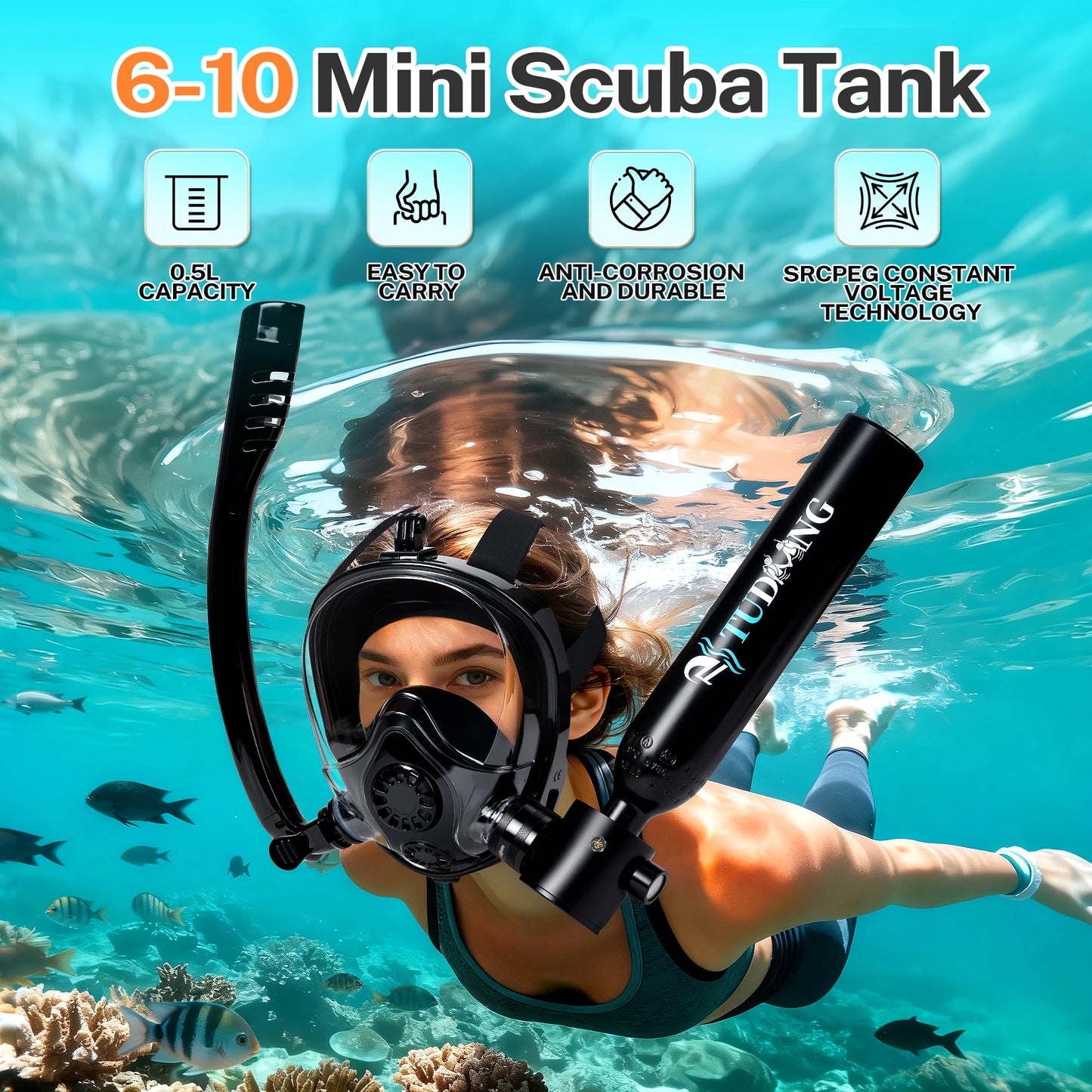 TUDIVING-0.5L Scuba Diving Tank Kit with Air Compressor,Lung Tank with Diving Mask,Portable Scuba Tank for Underwater Training