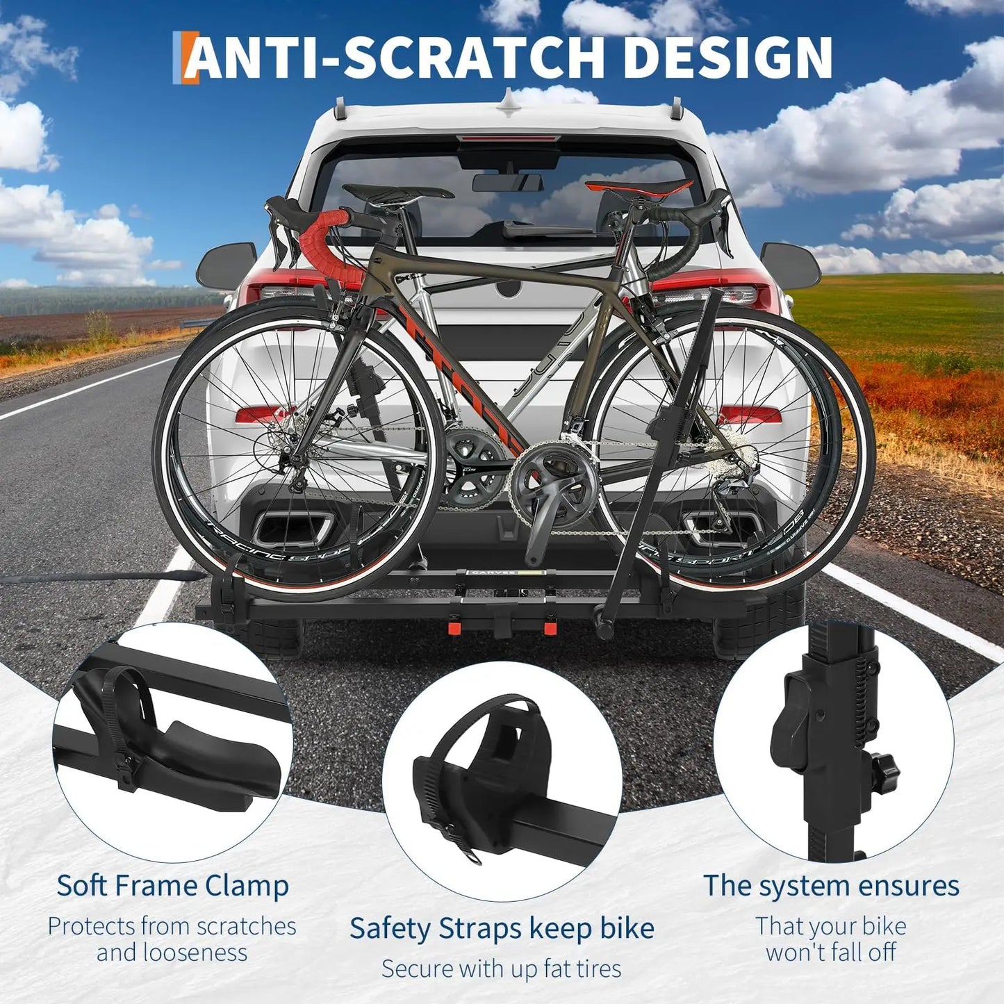Hitch Bike Rack, 220lbs 2-Bike Hitch Rack with Tilt, Fold, Soft Frame Clamp & Safety Straps, 2" Receiver for Car, SUV, RV, Truck