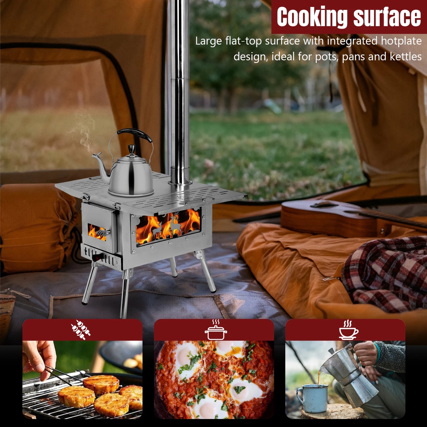 Portable Wood Burning Stove with Stainless Steel Construction Hot Tent Stove Chimney Pipes Included for Outdoor Cooking Hiking