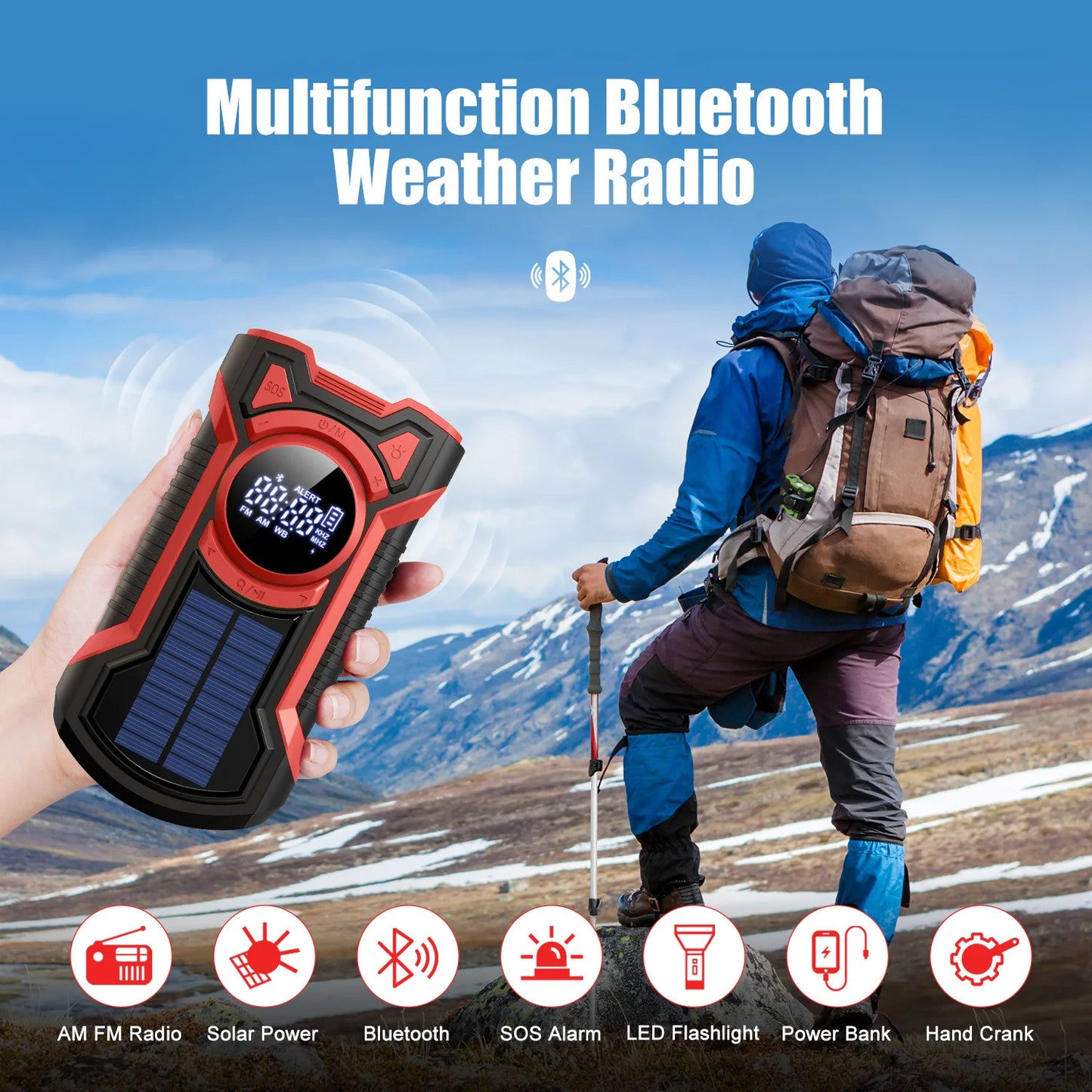 Emergency Radio Hand Crank Solar 5000mAh, IP65 Waterproof Dustproof Bluetooth 5.3 Portable AM/FM/NOAA Weather Alert Radio
