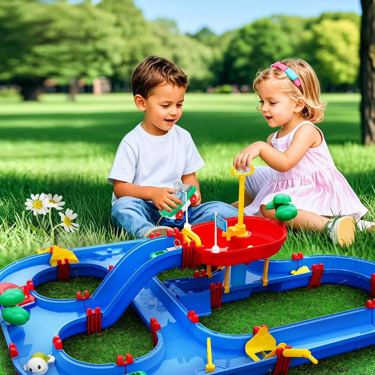 VATOS Summer Outdoor Kids Water Table 2-Tier Toddlers Water Table Playset Pool Waterway Toy with Pump Outside Activity Kids Fun