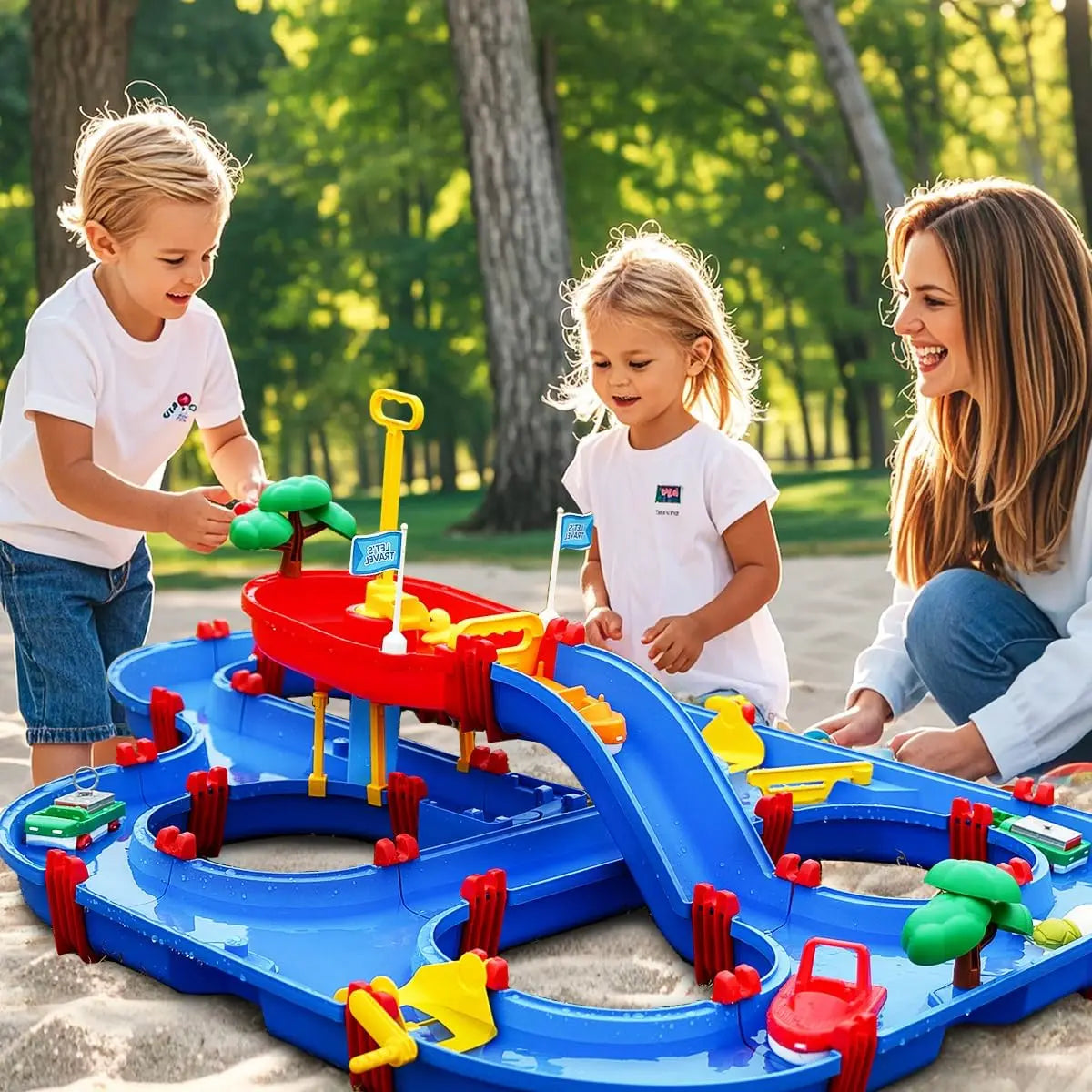 VATOS Summer Outdoor Kids Water Table 2-Tier Toddlers Water Table Playset Pool Waterway Toy with Pump Outside Activity Kids Fun