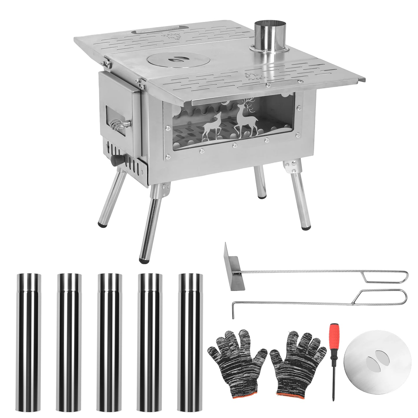 Portable Wood Burning Stove with Stainless Steel Construction Hot Tent Stove Chimney Pipes Included for Outdoor Cooking Hiking