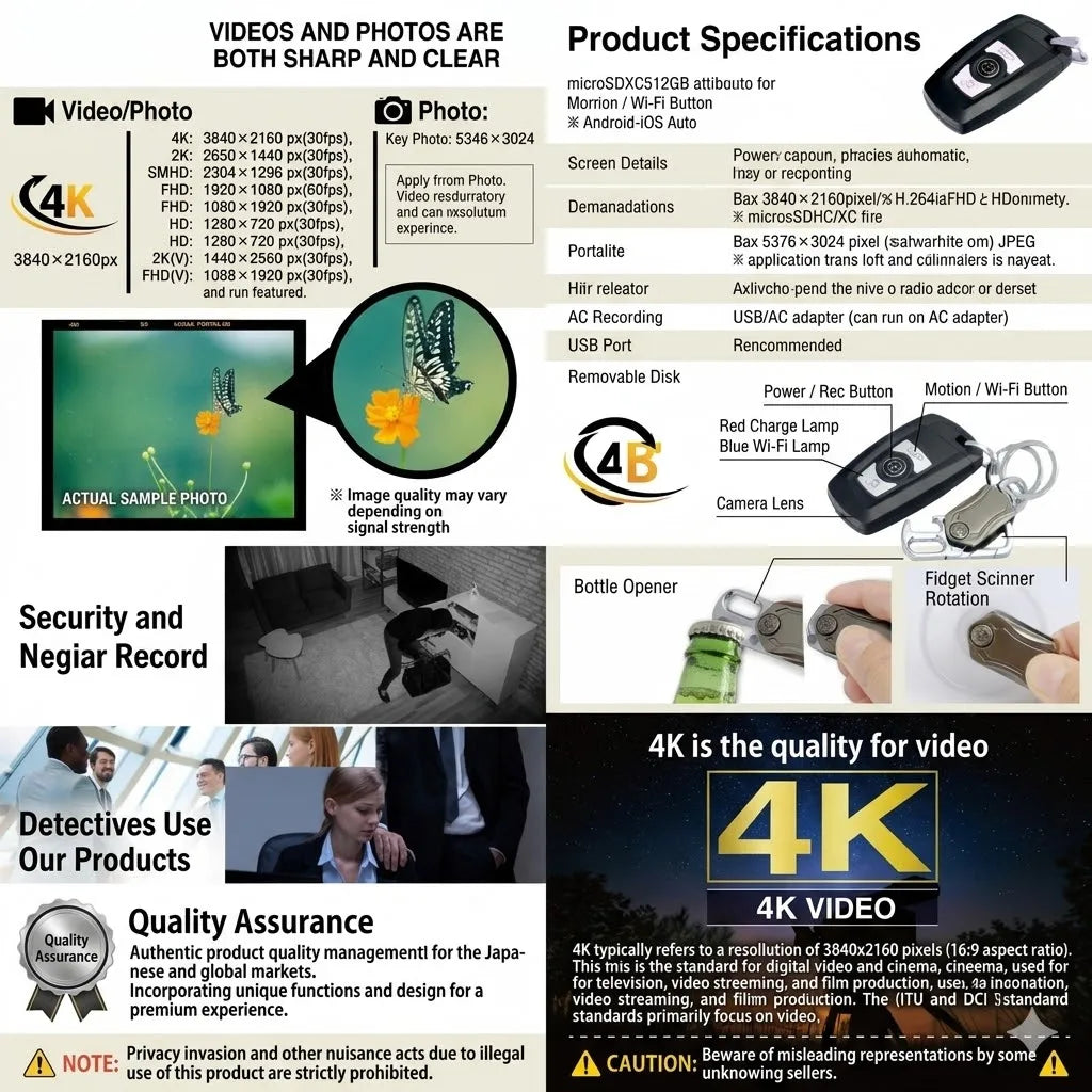 4K Mini Camera Car Key with WiFi Live Streaming Keychain Nanny Cam 1080P HD Phone App One-Button Recording