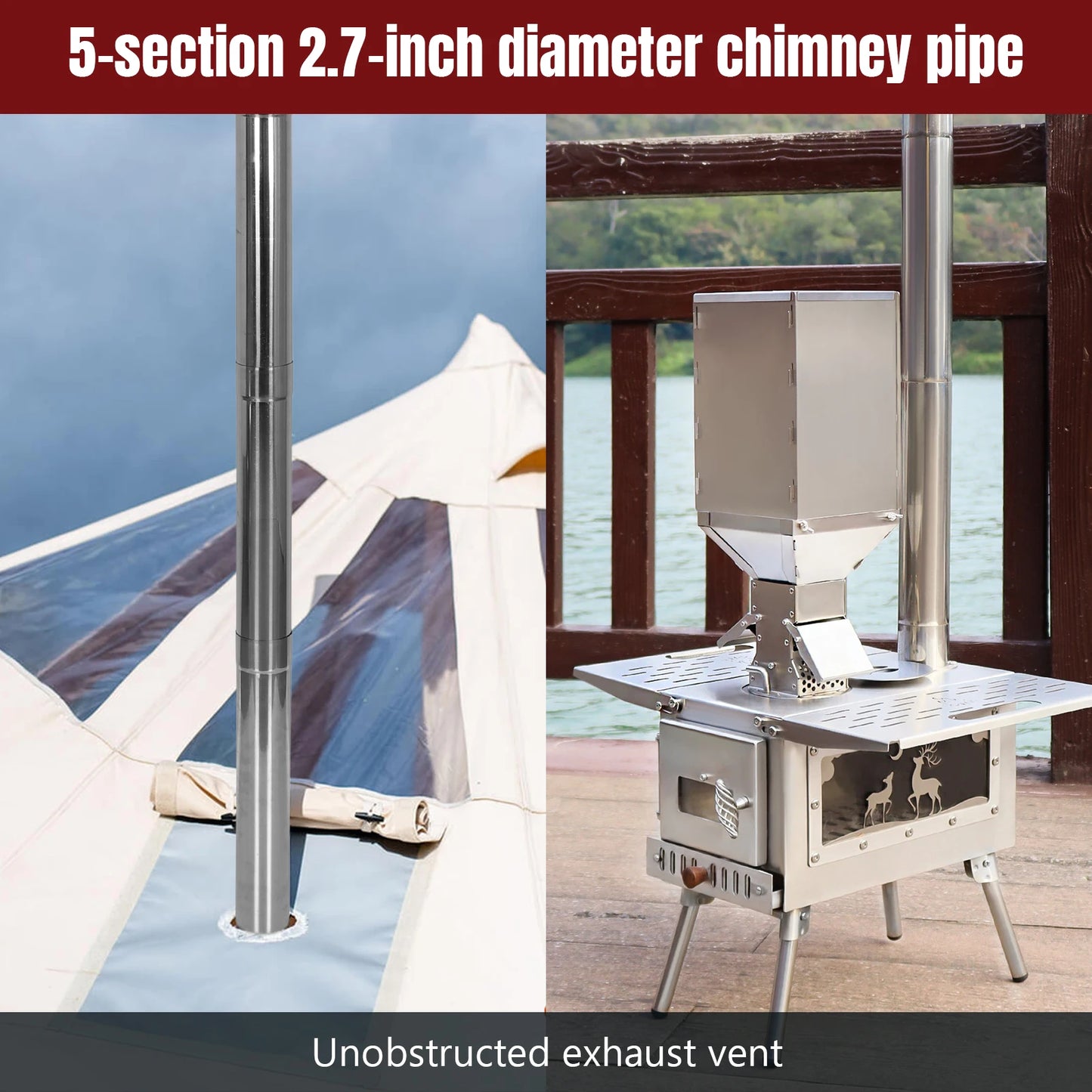 Portable Wood Burning Stove with Stainless Steel Construction Hot Tent Stove Chimney Pipes Included for Outdoor Cooking Hiking