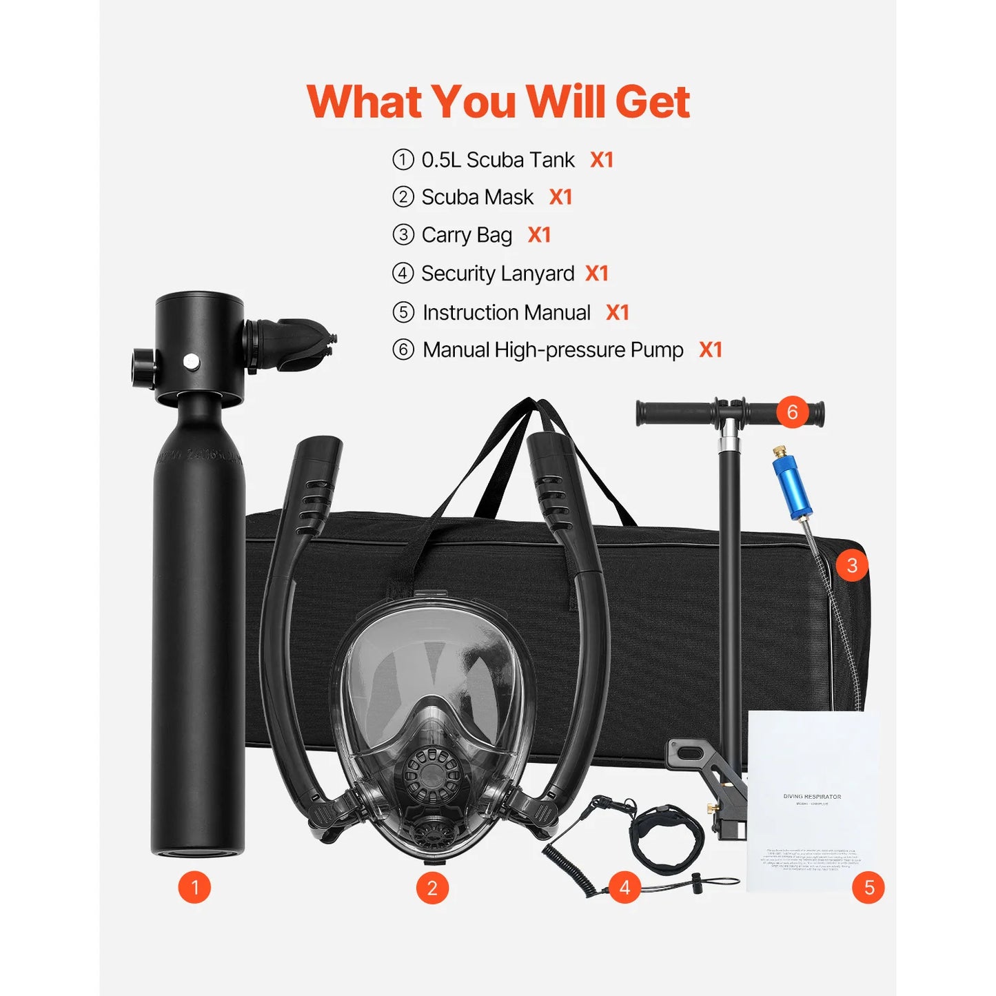 SucceBuy Scuba Tank 0.5L Portable Scuba Diving Tank Diving Oxygen Cylinder Support 5-10Minute Underwater Breathing 98.43ft Depth