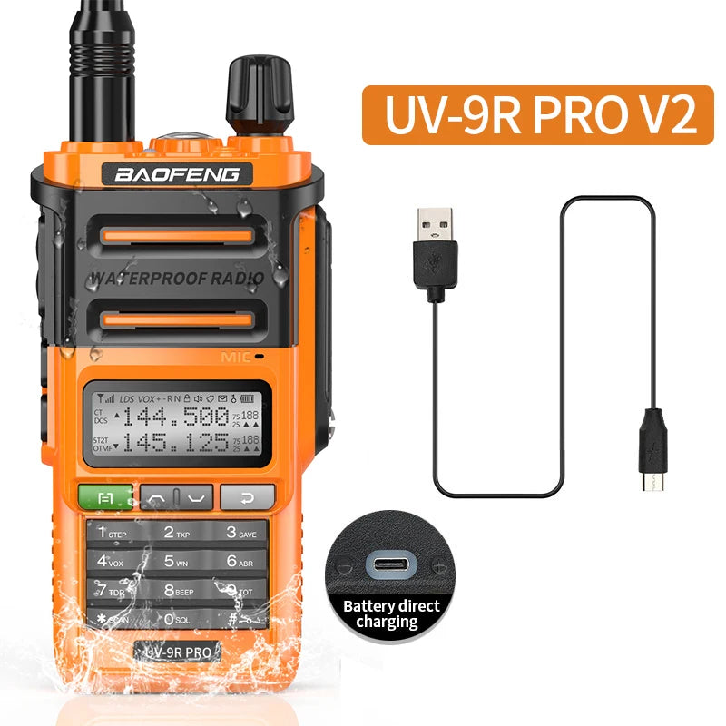 Baofeng UV 9R Pro V2 IP68 Waterproof Walkie Talkie Tri-Power Type-C Charger Dual Band Transceiver Ham Two Way Radio Marine Radio