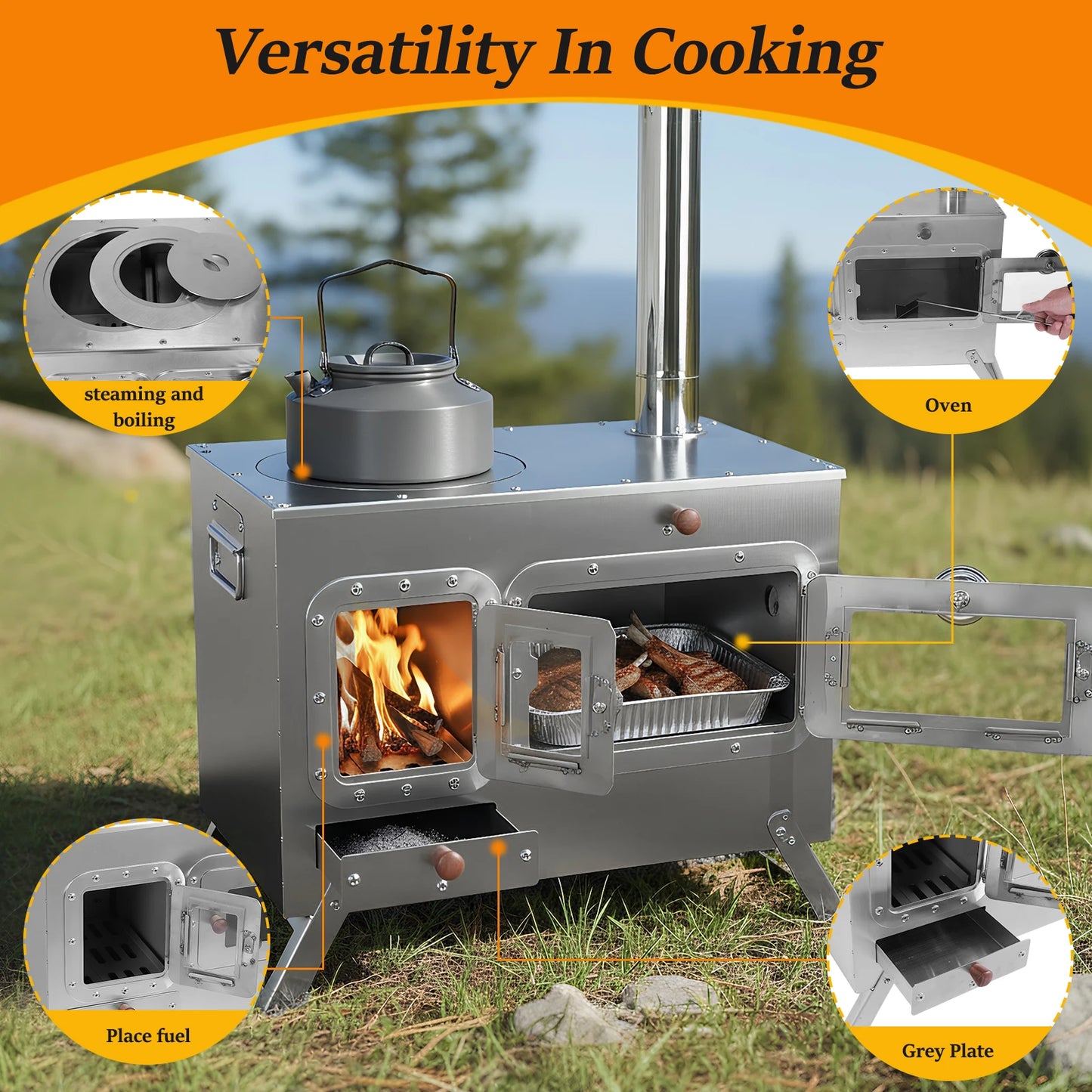 Hot Tent Stove with 4 Chimney Pipe Wood Burning Tent Stove Stainless Steel for Outdoor Heating & Cooking Ice Fishing Hunting