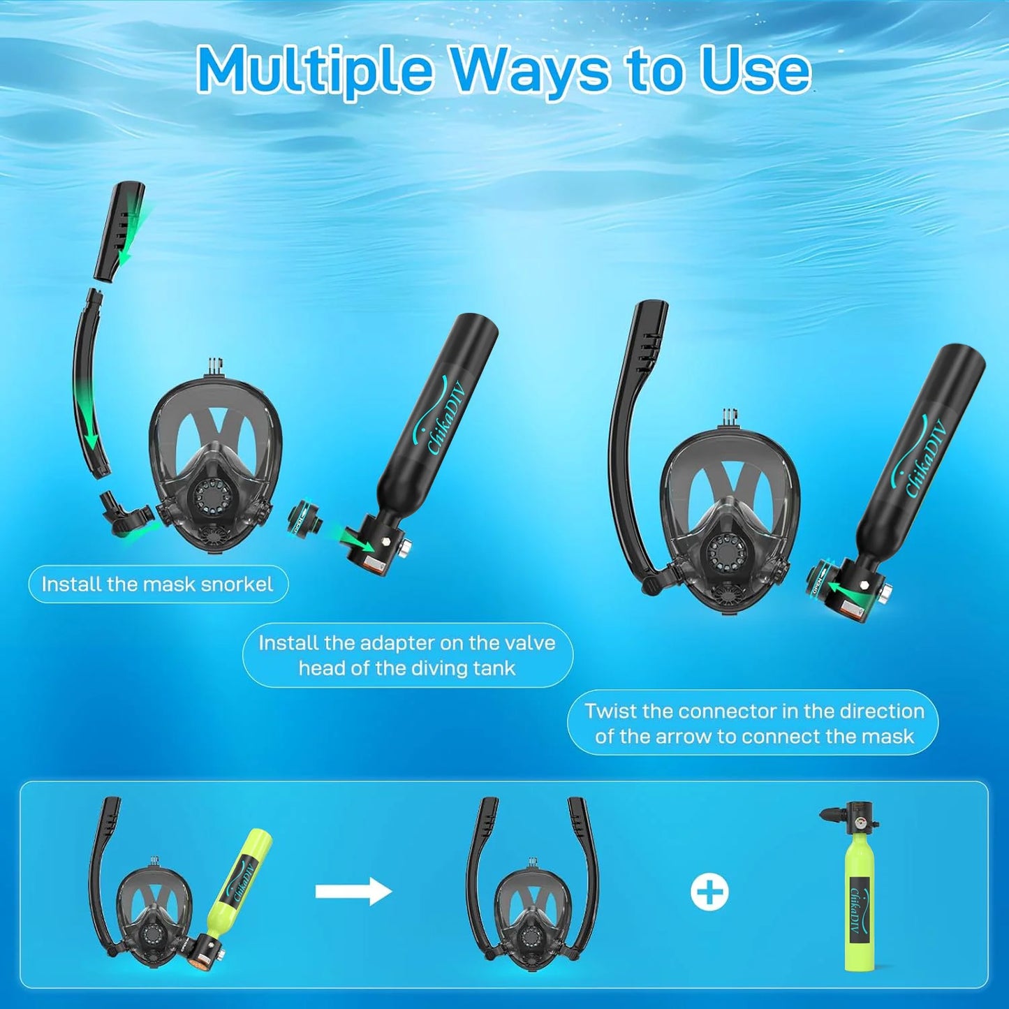 ChikaDIV 0.5L Mini Diving Tank with Pump and Snorkel Mask Portable Scuba Tank Essential for Outdoor LeisureTravel Unisex Gift